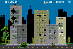 PaperBoy / Rampage (Game Boy Advance) screenshot: Rampage: the tank is can knock you off a building with its missiles.