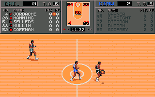 TV Sports: Basketball (Amiga) screenshot: Running down the center of the court.