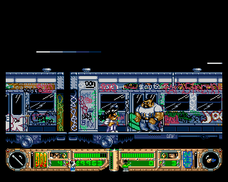 Yo! Joe! Beat the Ghosts (Amiga) screenshot: Suddenly, I'm in a subway, fighting fat knife-throwers.