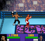 ECW Hardcore Revolution (Game Boy Color) screenshot: Sabu attacks Storm from behind with a barstool.