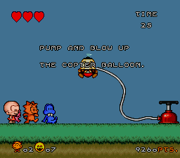 Super Bonk (SNES) screenshot: In this mini game you will have to jump on the pump repeatedly.