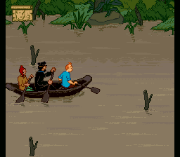 The Adventures of Tintin: Prisoners of the Sun (SNES) screenshot: Canooing through the jungle.
