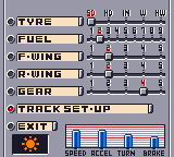 F-1 World Grand Prix (Game Boy Color) screenshot: Setting up your car.