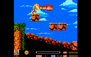 Toki (Amiga) screenshot: Fire-spitting high up on a floating platform.