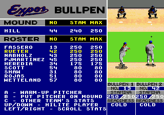 World Series Baseball (Genesis) screenshot: Bullpen; getting the relievers warmed up