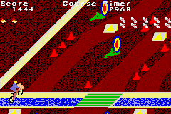 PaperBoy / Rampage (Game Boy Advance) screenshot: Paperboy: jumping over the river using a ramp.