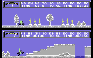 Kikstart 2 (Commodore 64) screenshot: Compete against a friend, or against the computer.