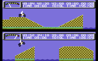 Kikstart 2 (Commodore 64) screenshot: You have to drive slowly on bricks. Otherwise you'll fall off your bike.