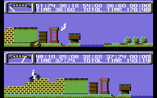 Kikstart 2 (Commodore 64) screenshot: Strange... barrels and phone-boots in the middle of the track.