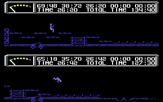 Kikstart 2 (Commodore 64) screenshot: This was a difficult track. Both me and my opponent are sent flying at the same time. It looks dramatic, but we only lose a little bit of time.