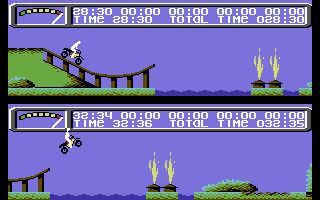 Kikstart 2 (Commodore 64) screenshot: With high speed, you can jump very far with these ramps.