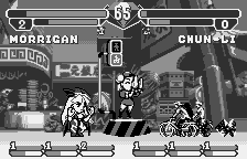 Pocket Fighter (WonderSwan) screenshot: Chun-Li directs traffic, guiding a horde of bikers towards you!
