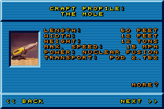 Thunderbirds: International Rescue (Game Boy Advance) screenshot: Craft profile
