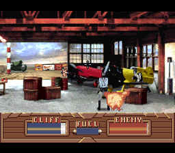 The Rocketeer (SNES) screenshot: In the later Hangar battles enemies start throwing grenades.