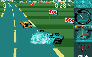 Turbo Cup (Atari ST) screenshot: There's a car under that smoke, you know