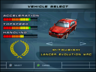 WRC: FIA World Rally Championship Arcade (PlayStation) screenshot: Vehicle select screen
