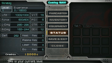 Bounty Hounds (PSP) screenshot: Character status screen