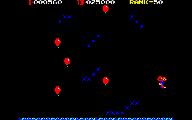 Balloon Fight (PC-88) screenshot: Balloon Trip mode. Dodge the flashing electricity and go for the long haul while popping balloons for points.