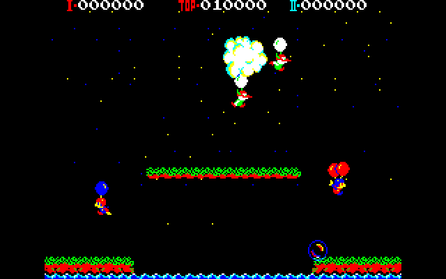 Balloon Fight (PC-88) screenshot: Two players in action. Player one is red; player two is blue and has already lost a balloon.