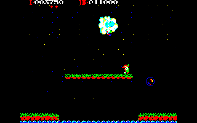 Balloon Fight (PC-88) screenshot: The clouds are transparent in this version. Here I am flying behind one.