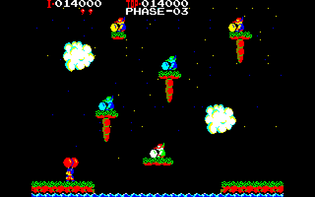 Balloon Fight (PC-88) screenshot: There are three enemy speeds: yellow (fast), blue (medium), and white (slow).