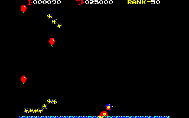 Balloon Fight (PC-88) screenshot: The fish that lurks in the water. Blink and you'll miss him in this port.