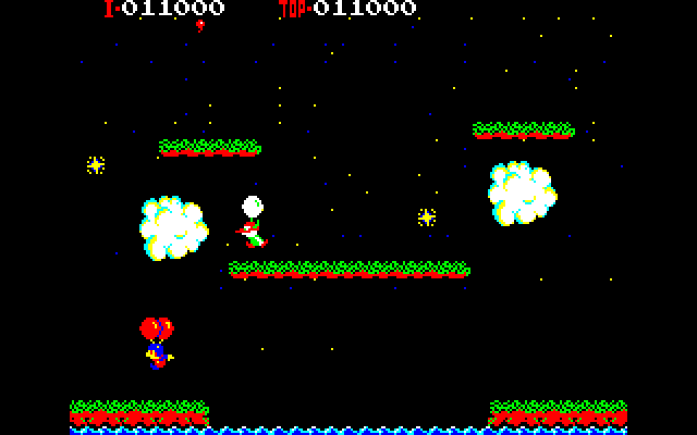 Balloon Fight (PC-88) screenshot: Take too long, and lightning will start bouncing around.