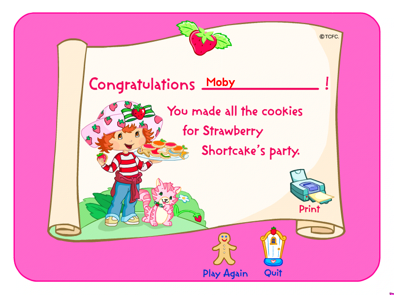 Strawberry Shortcake: Amazing Cookie Party (Windows) screenshot: A printable certificate