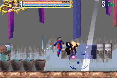 Crouching Tiger Hidden Dragon (Game Boy Advance) screenshot: Beating an enemy and sending the other flying.