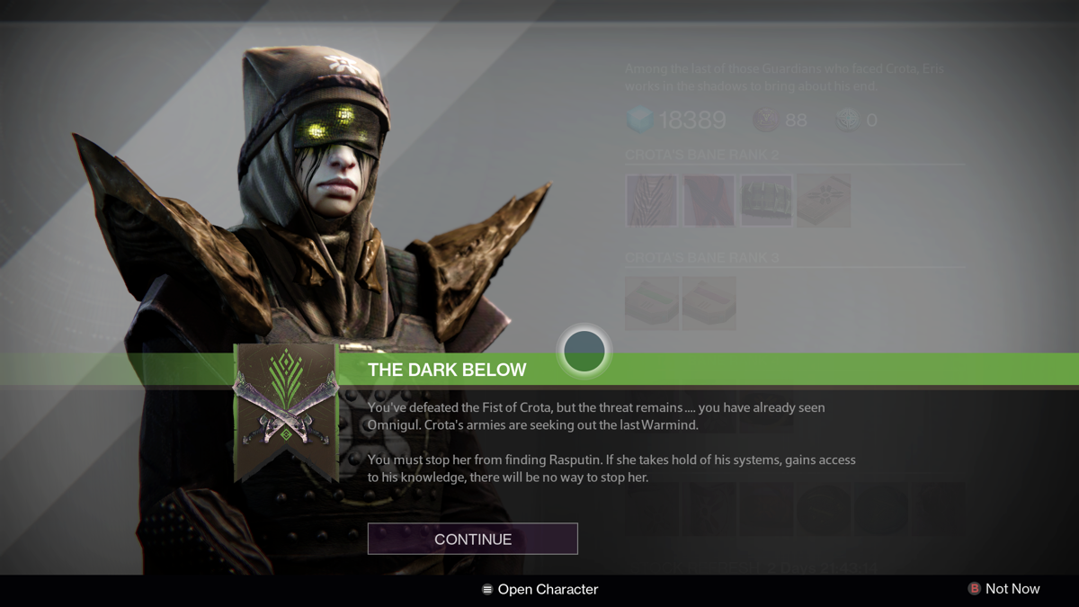 Destiny: Expansion I - The Dark Below (Xbox One) screenshot: Getting the next quest step from Eris.