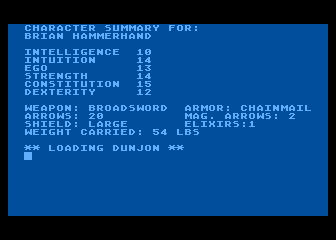 Dunjonquest: The Datestones of Ryn (Atari 8-bit) screenshot: Stats - you can't change the name of this character