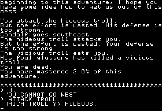 The Hobbit (Apple II) screenshot: Mr. Baggins is no tank, that's for certain.