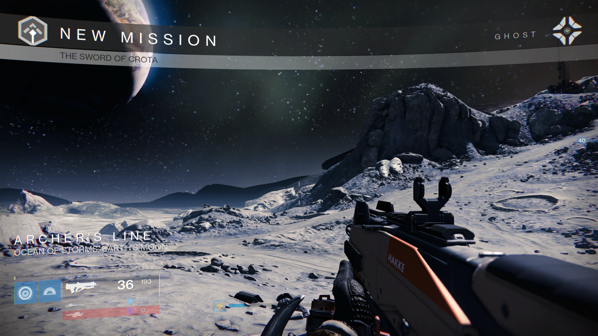 Destiny: Expansion I - The Dark Below (Xbox One) screenshot: The first mission from this quest line takes place on the Moon.
