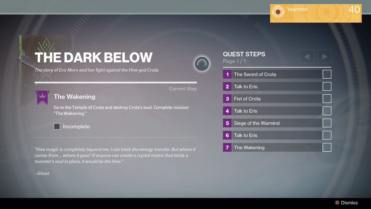 Destiny: Expansion I - The Dark Below (Xbox One) screenshot: Quest steps overview
