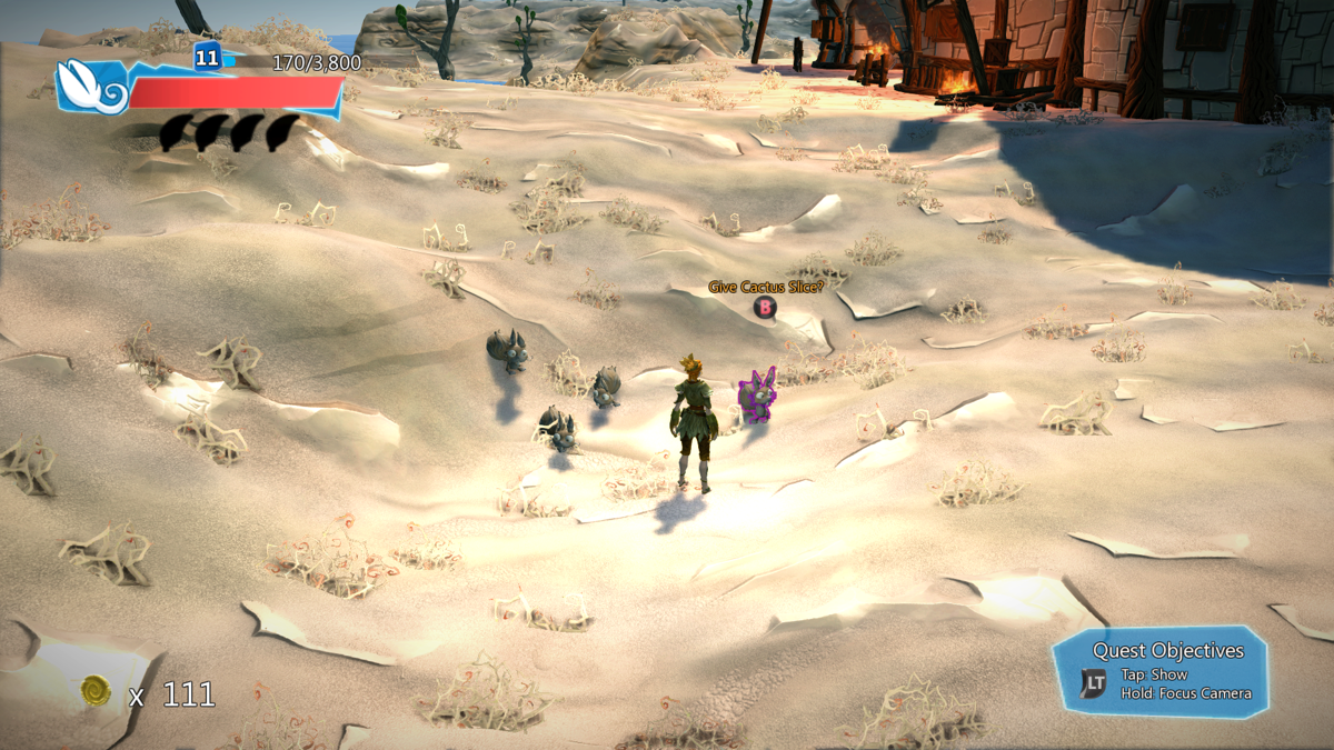 Project Spark: Champion - Avalon the Druid (Xbox One) screenshot: Feeding a group of rabbits with cactus slice.