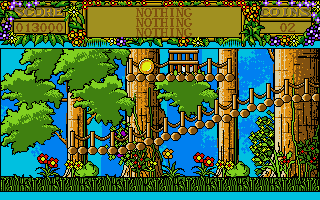 Treasure Island Dizzy (Atari ST) screenshot: Caught by a jungle village trap! Looks like the natives will be eating omelettes tonight!