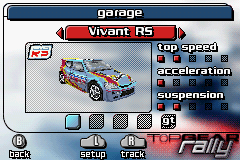 Top Gear: Rally (Game Boy Advance) screenshot: Car selection