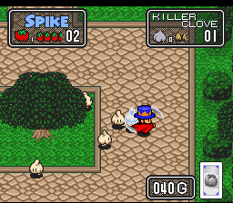 The Twisted Tales of Spike McFang (SNES) screenshot: Fighting a Killer Clove.