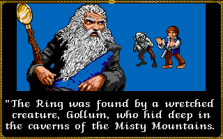 J.R.R. Tolkien's The Lord of the Rings, Vol. I (Amiga) screenshot: And how Bilbo found the ring in possession of the creature Gollum.