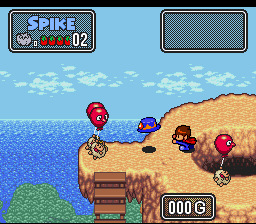 The Twisted Tales of Spike McFang (SNES) screenshot: Spike tossing his hat.
