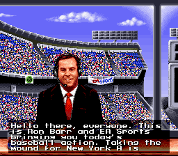 MLBPA Baseball (SNES) screenshot: The announcer, Ron Barr, tells who is up at bat and who is pitching.