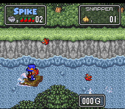 The Twisted Tales of Spike McFang (SNES) screenshot: A fish taking a bite out of Spike.