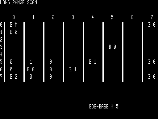 Space Warp (TRS-80) screenshot: Long range scan