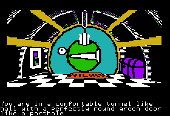 The Hobbit (Apple II) screenshot: Illustration for first location; compare the descriptions and see how slim this one has become!