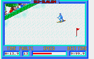 Winter Challenge: World Class Competition (Amiga) screenshot: Slalom - Down the slope I go!