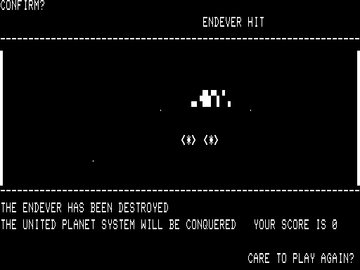 Space Warp (TRS-80) screenshot: Game over