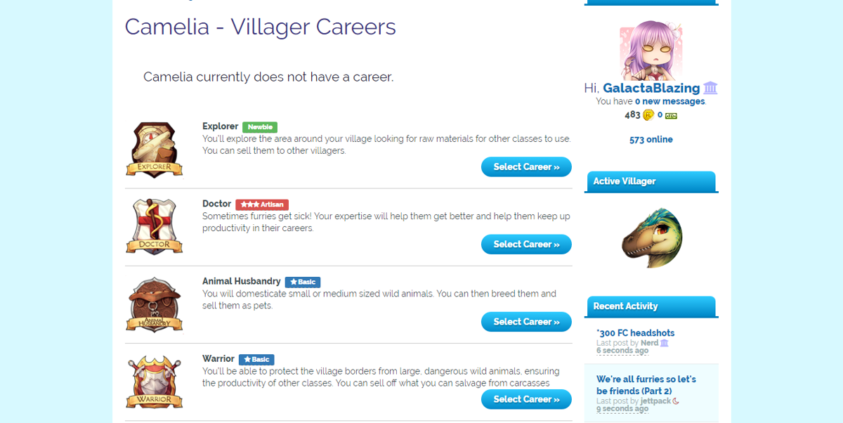Furvilla (Browser) screenshot: Choosing Camelia's career.
