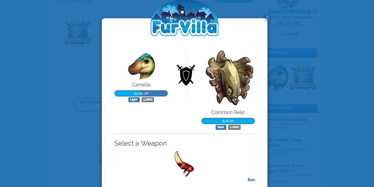 Furvilla (Browser) screenshot: Fighting a... something. This part of the game introduces RPG elements.