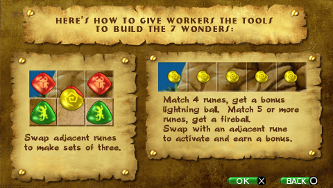 7 Wonders of the Ancient World (PSP) screenshot: Some help about “how to match gems”.