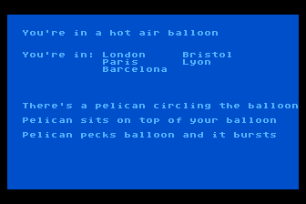 Around the World Adventure (Atari 8-bit) screenshot: A Pelican Interrupts by Balloon Trip